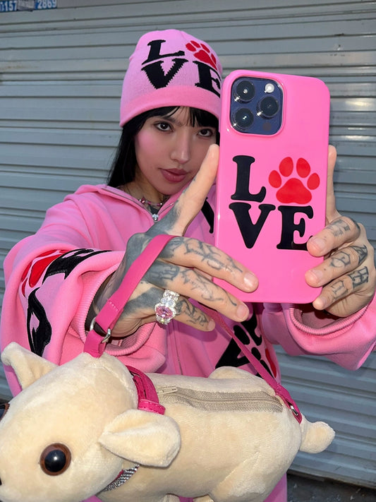* LOVE dog print phone case, black/pink