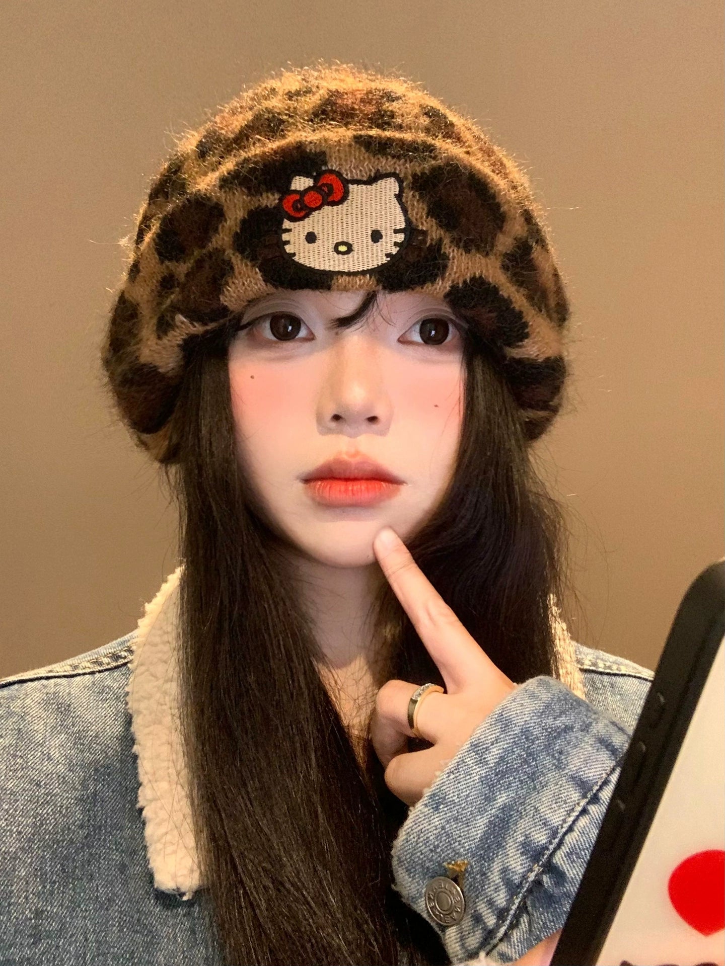 Kitty leopard print woolen hat