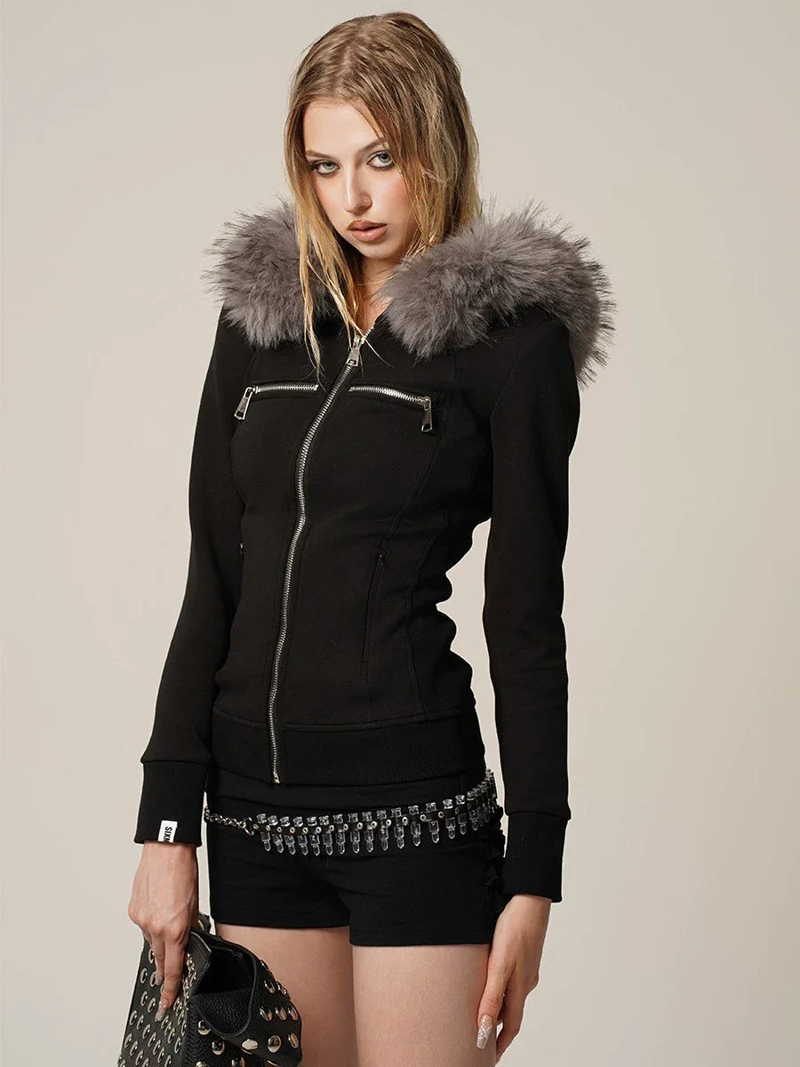 Black and white hoodie jacket with detachable fur collar