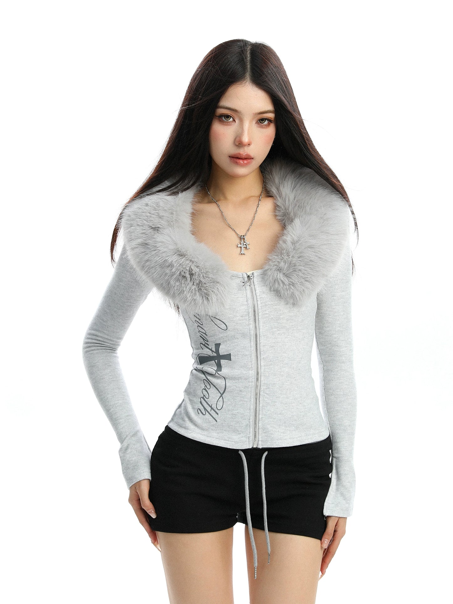 Detachable fur collar spliced Cardigan