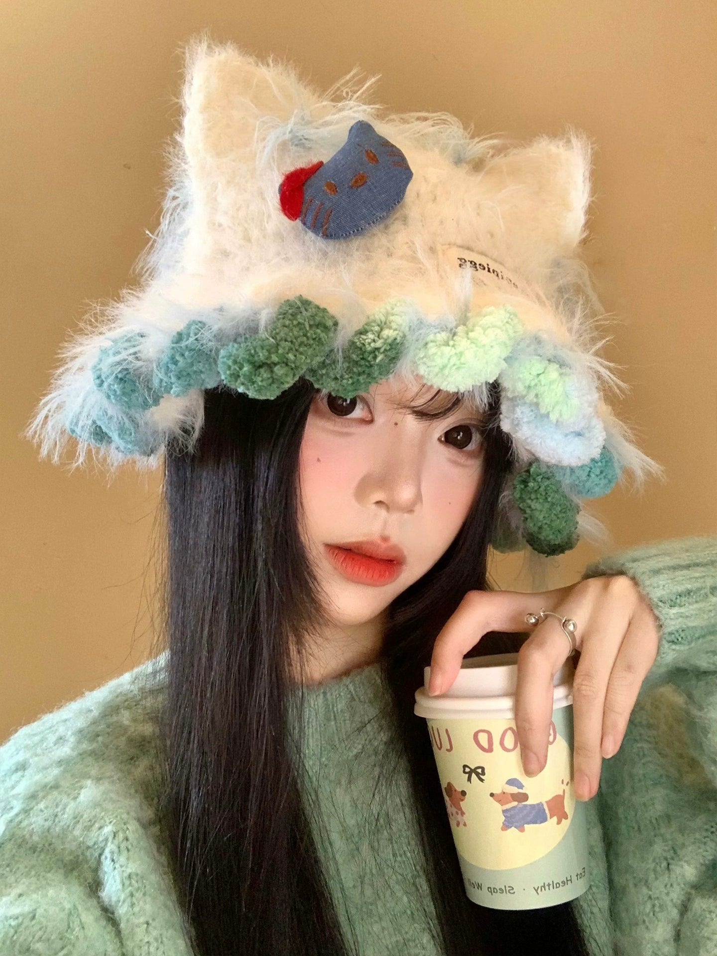 Cute Kitty Cat's ears (Steamed cat-ear shaped bread) Plush Knitted Hat