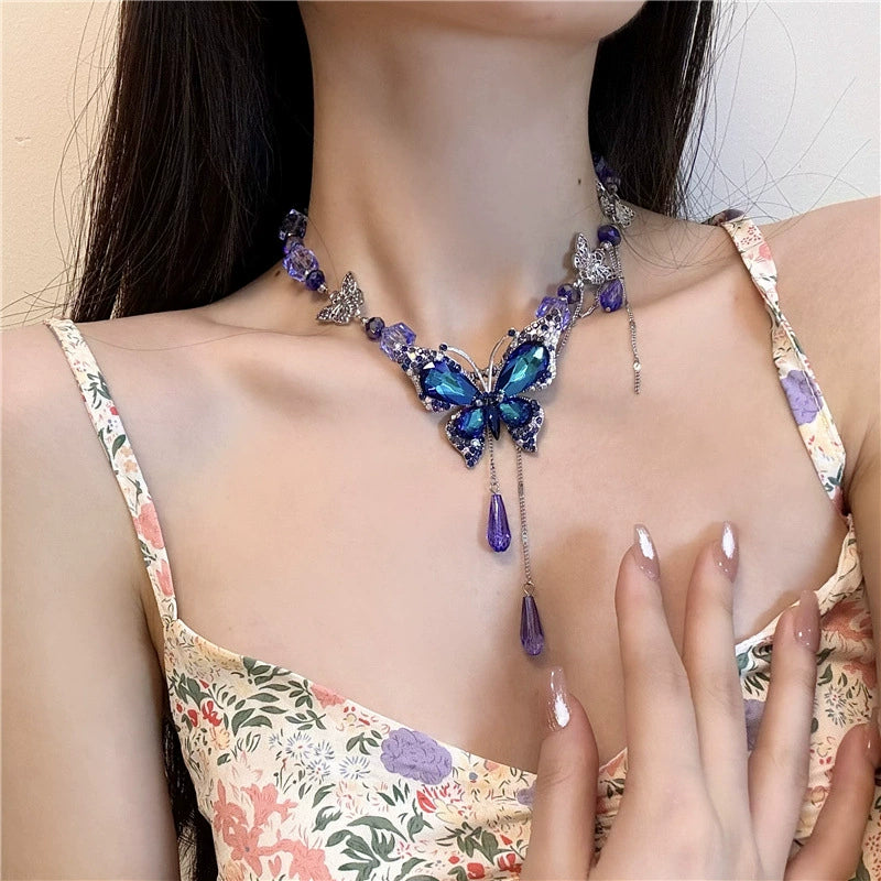 Y2K Blue Purple Sparkling Zircon Butterfly Necklace