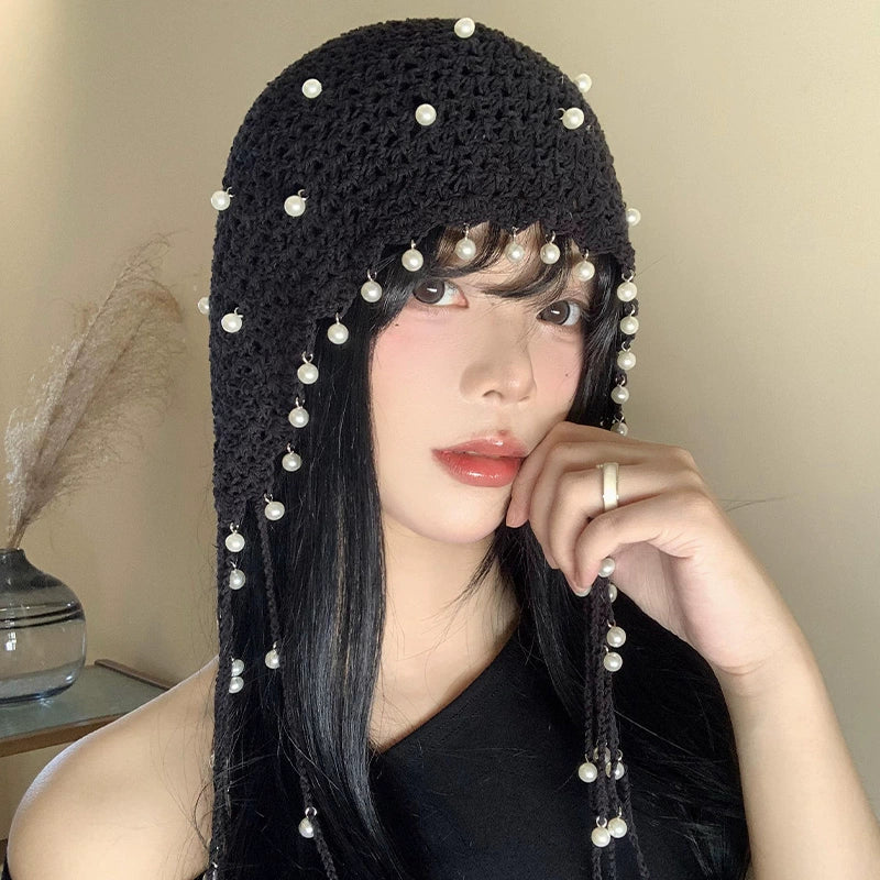 Hollow pearl tassel pendant headband cap