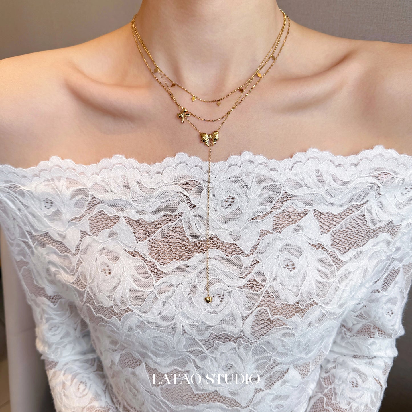 Dream Butterfly "Golden Bow Multi layered Long tassel Necklace