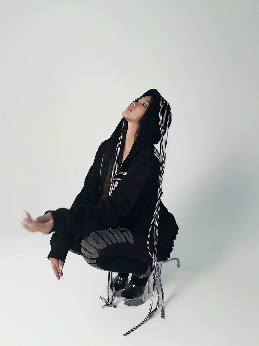 Street black and white striped fringe hoodie