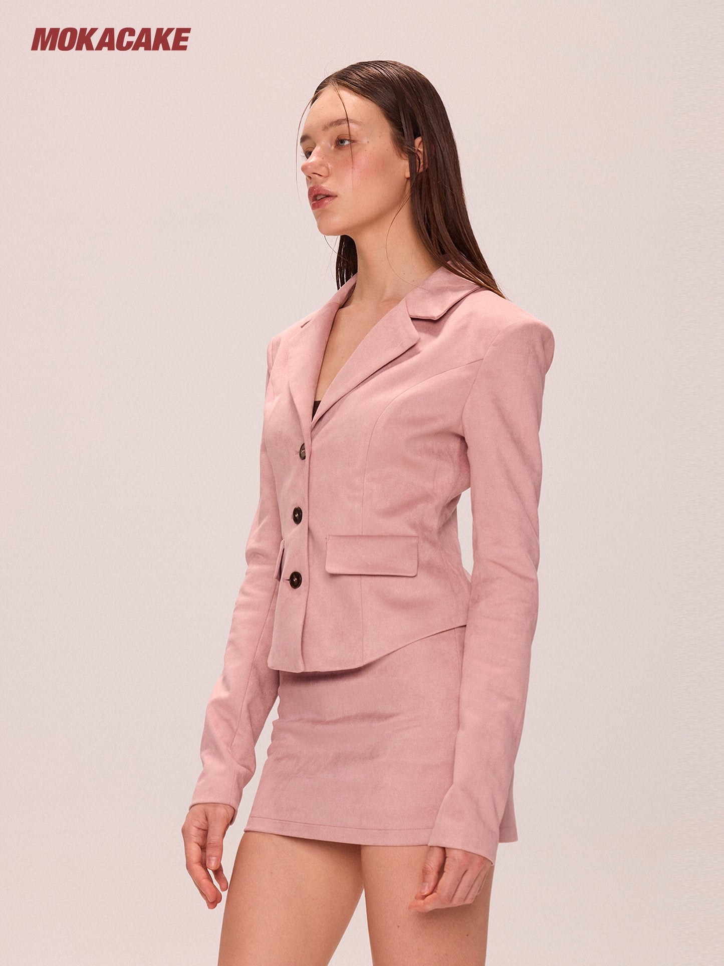 Pink suede suit jacket kirt set