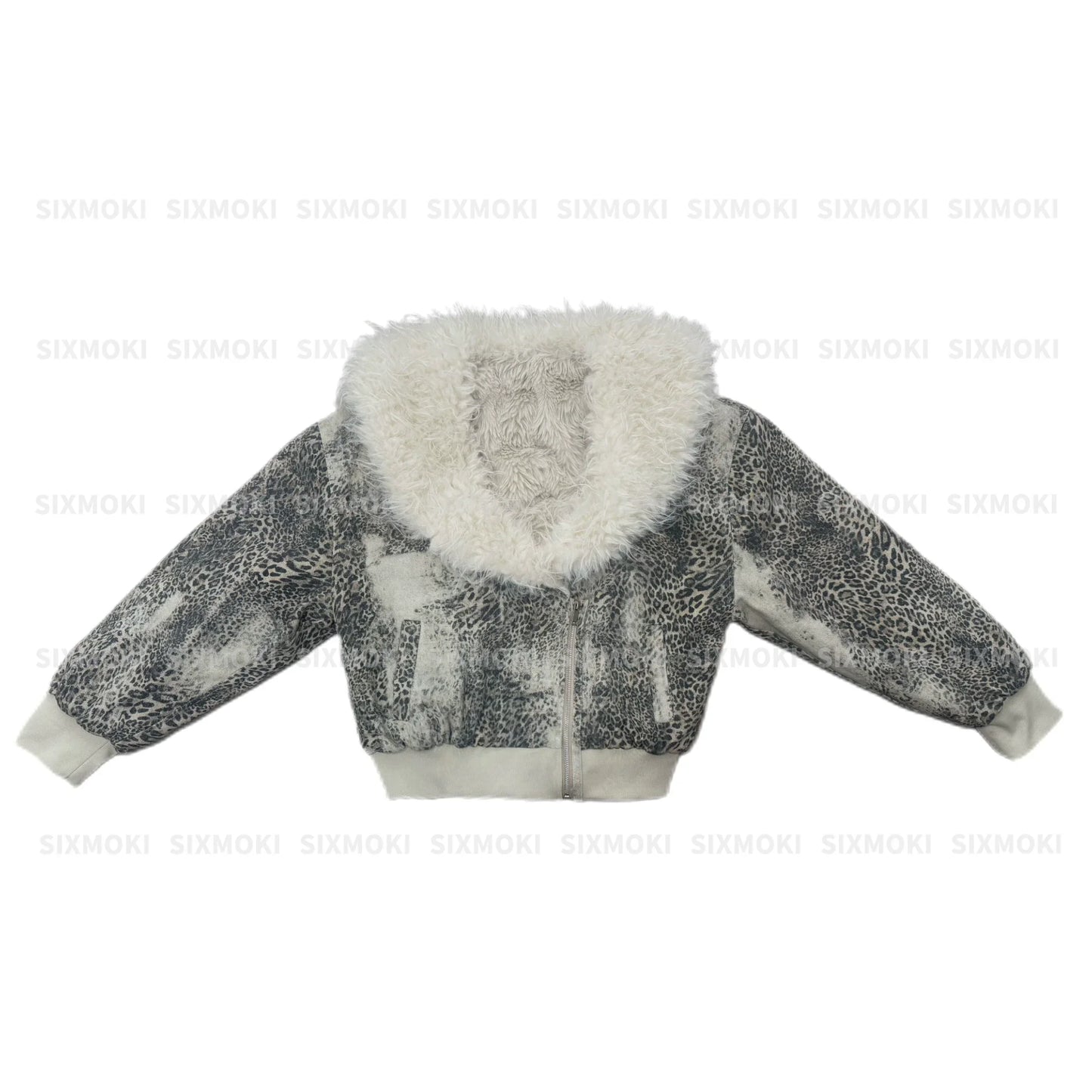 Snow leopard print large fur collar coat