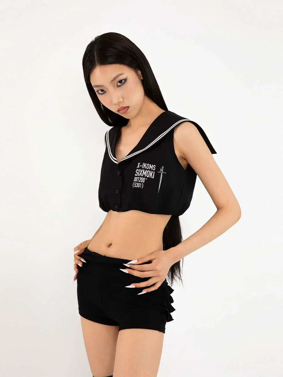 Navy neck bubble top shorts set