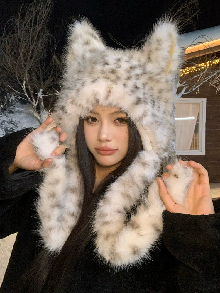 Fox Ears Leopard Pattern Plush Hat