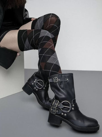 High bounce knee high diamond checkered punk thigh socks