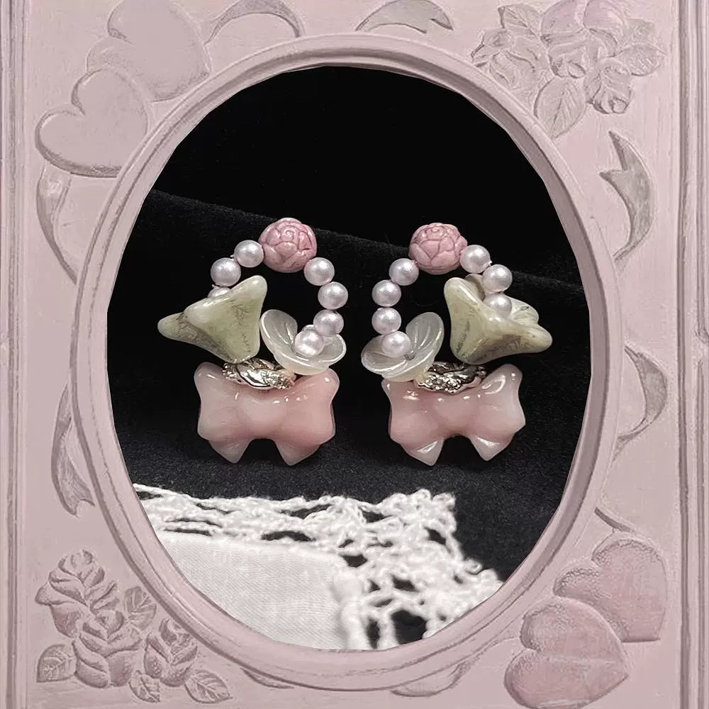 ~Ningfu Flower Basket~Light Pink Pearl Handle Three Dimensional Lily Flower Basket Shaped Earrings