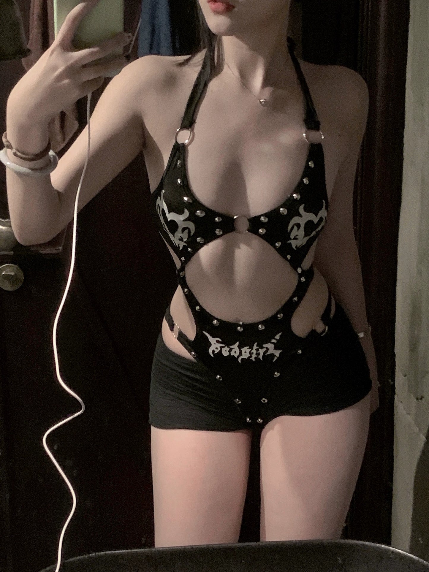 Interstellar Ballet Sparkling Rivet Decorative PU Leather Skirt jumpsuit