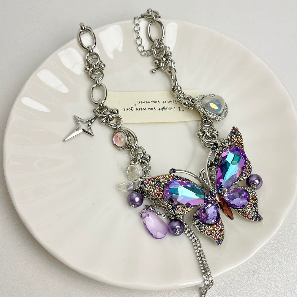 Y2K Blue Purple Sparkling Zircon Butterfly Necklace