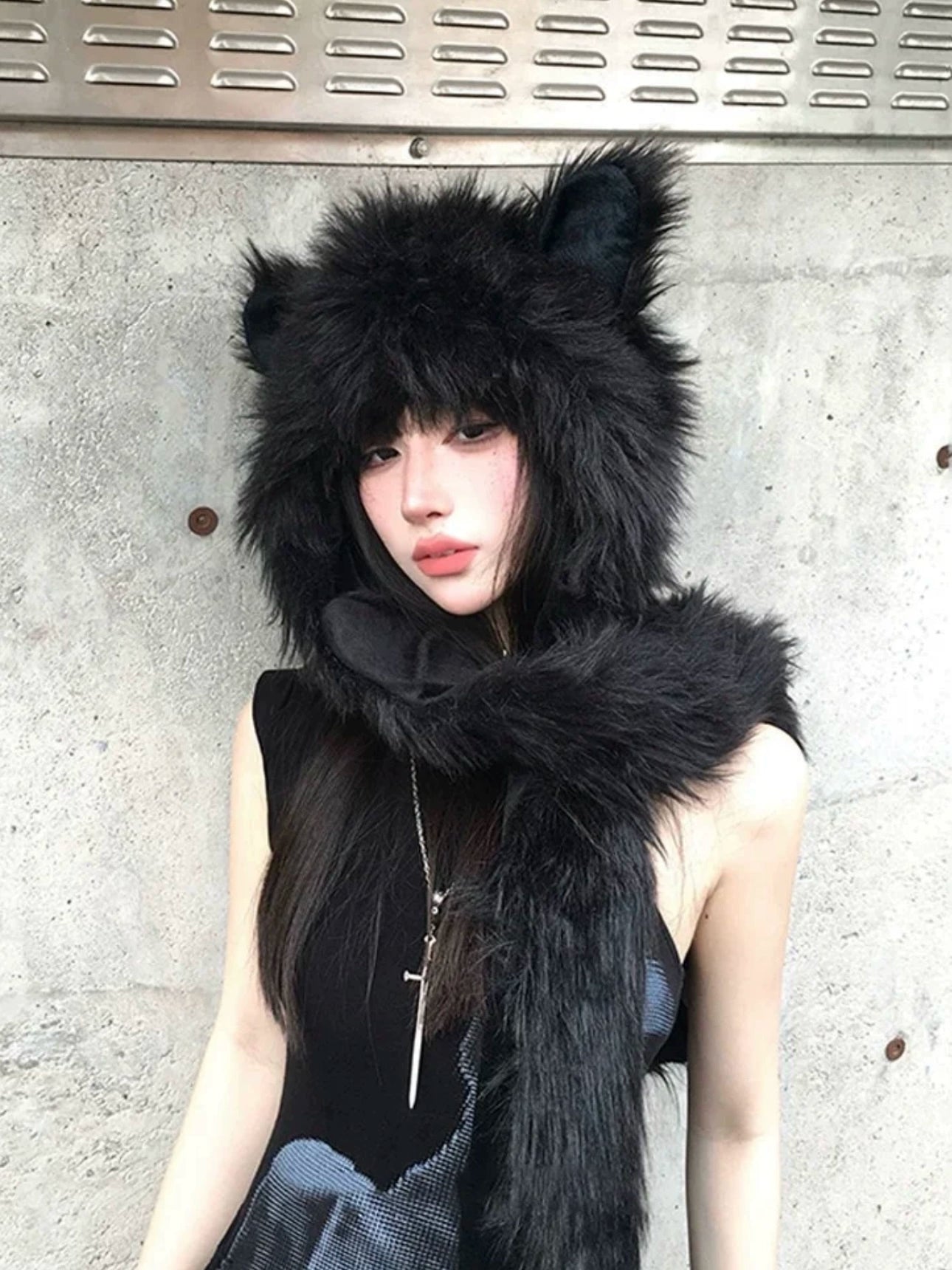Plush hat faux fur scarf, gloves in one