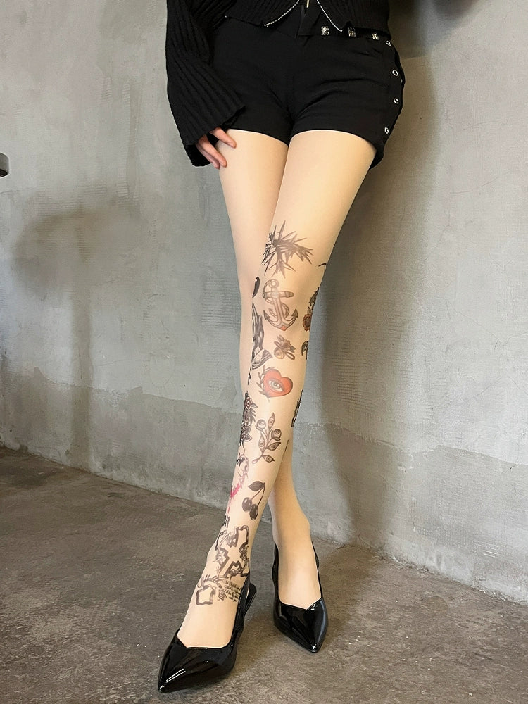 Graffiti print tattoo pantyhose