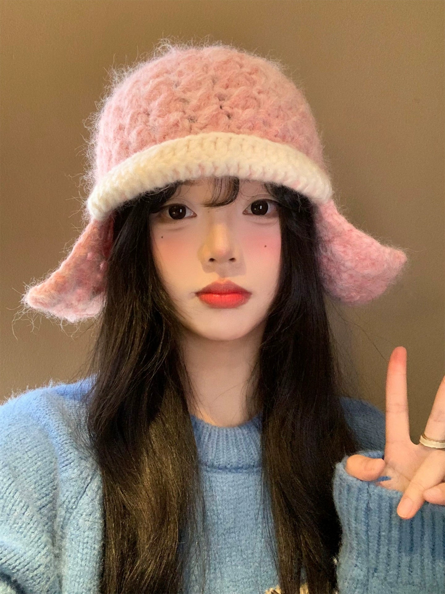 Pink plush knitted ear protection cap