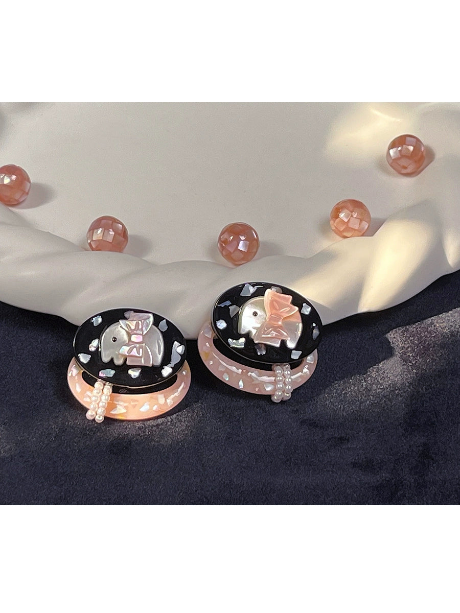 ~* Jade powder box elephant *~Dragon Palace Zoo elephant shaped sparkling shell pearl earrings