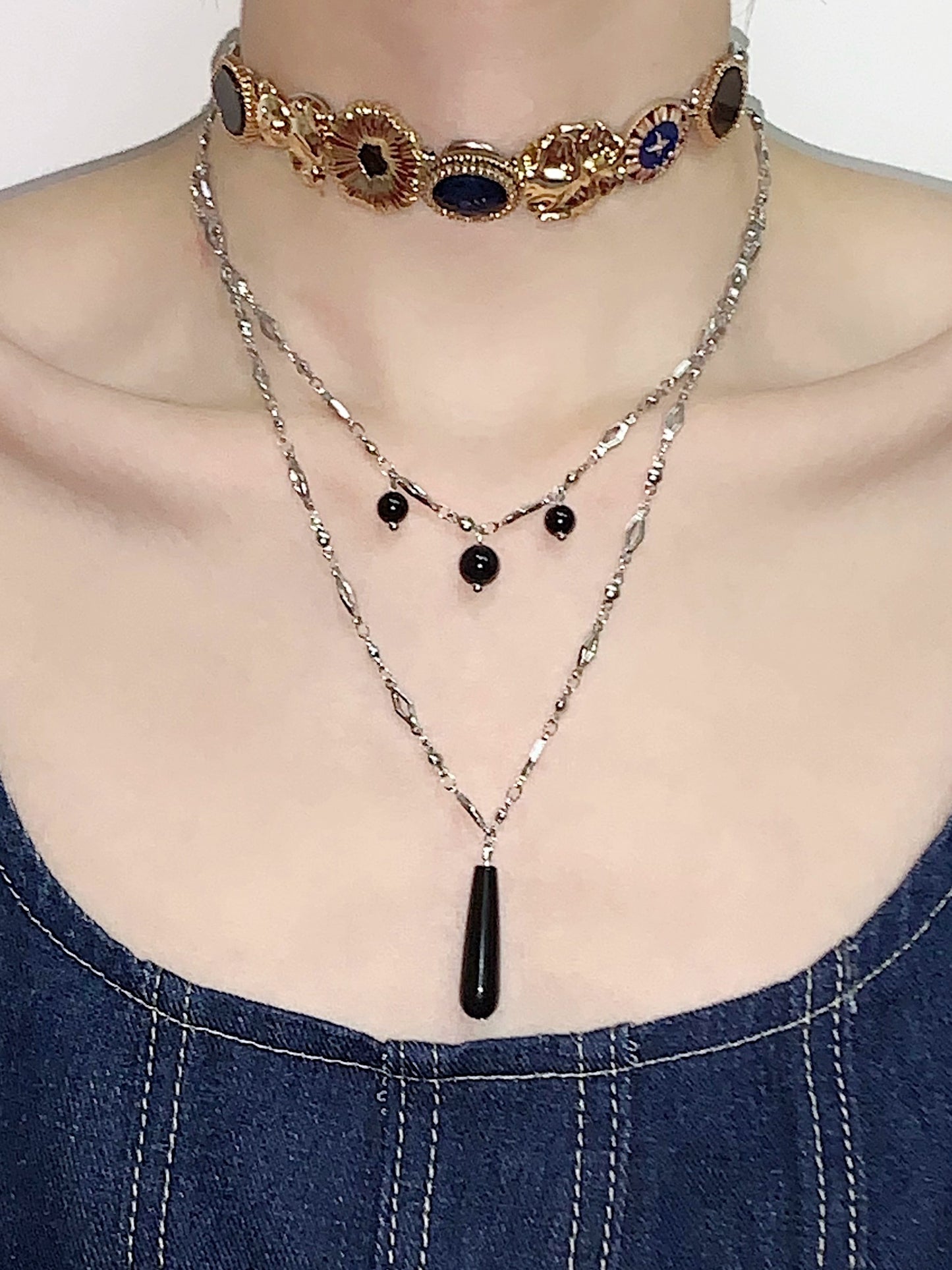 Tarot Master Blue Gold Black Agate Titanium Steel Necklace Choker