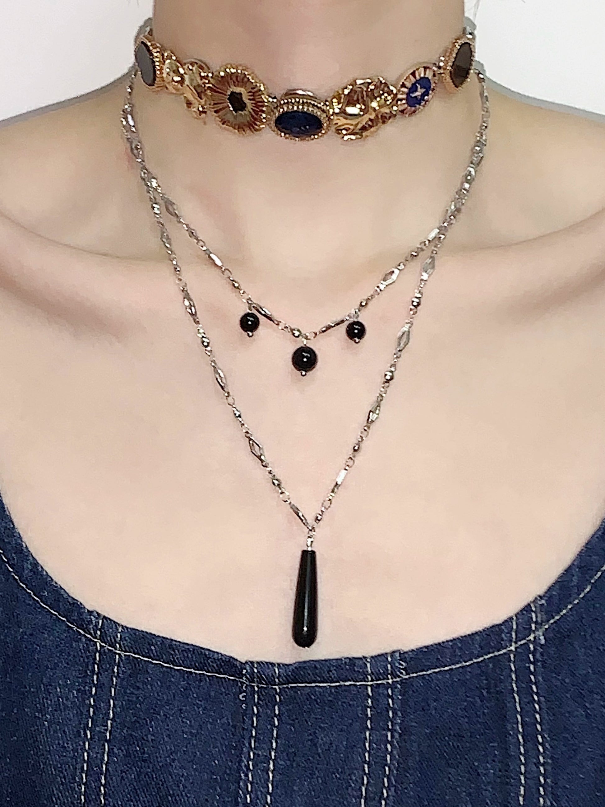 Tarot Master Blue Gold Black Agate Titanium Steel Necklace Choker