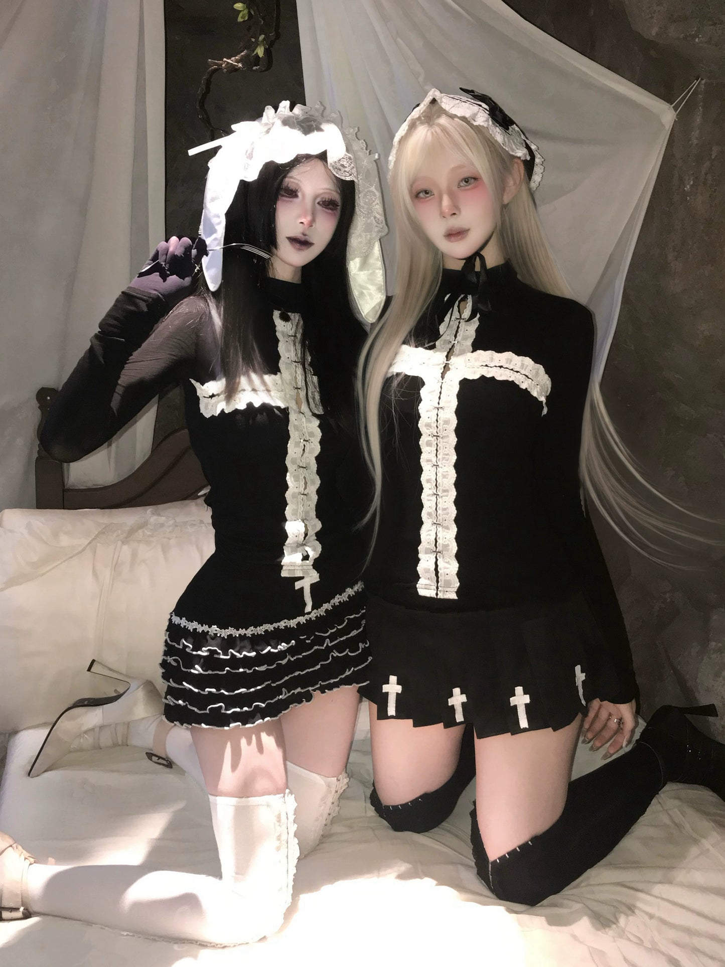 Gothic lace patchwork cross long sleeved shirt