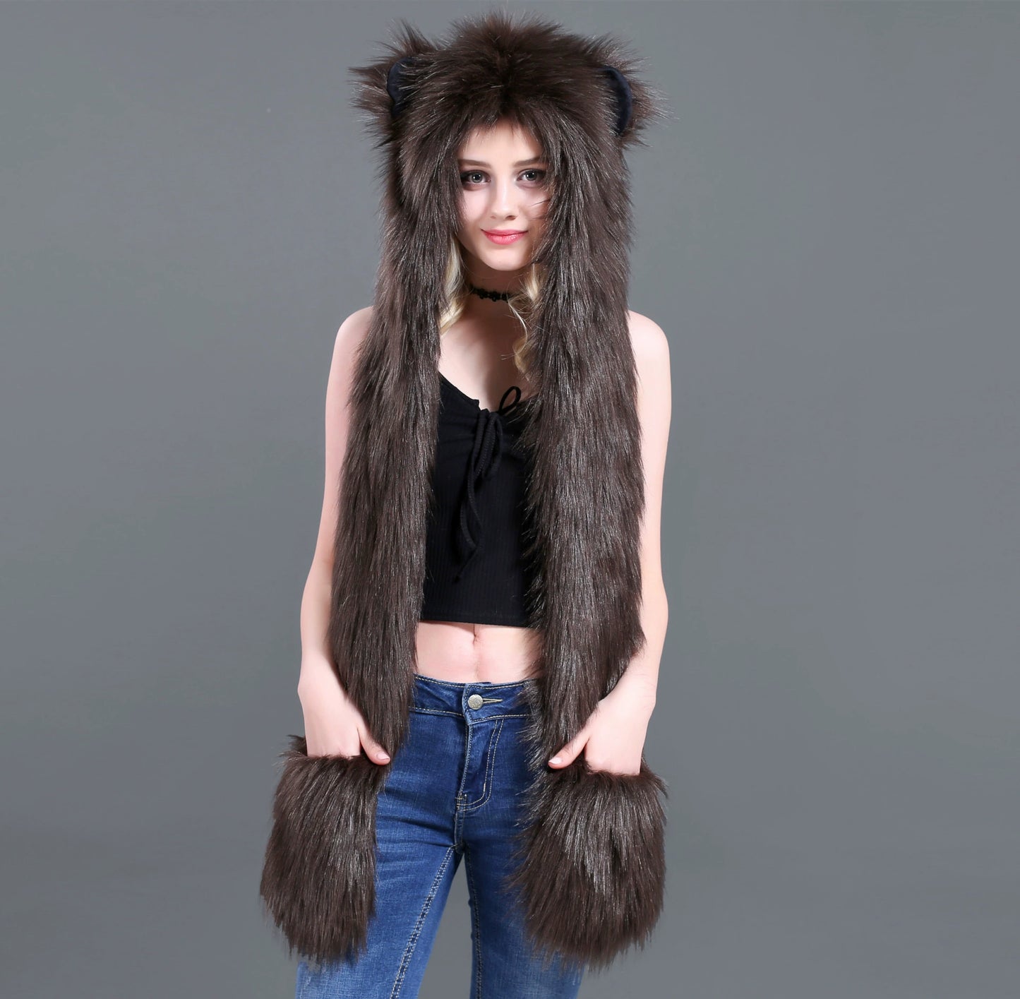 Plush hat faux fur scarf, gloves in one