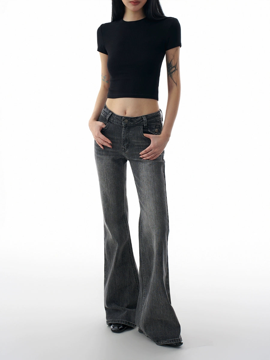 Low waisted flared bamboo striped jeans