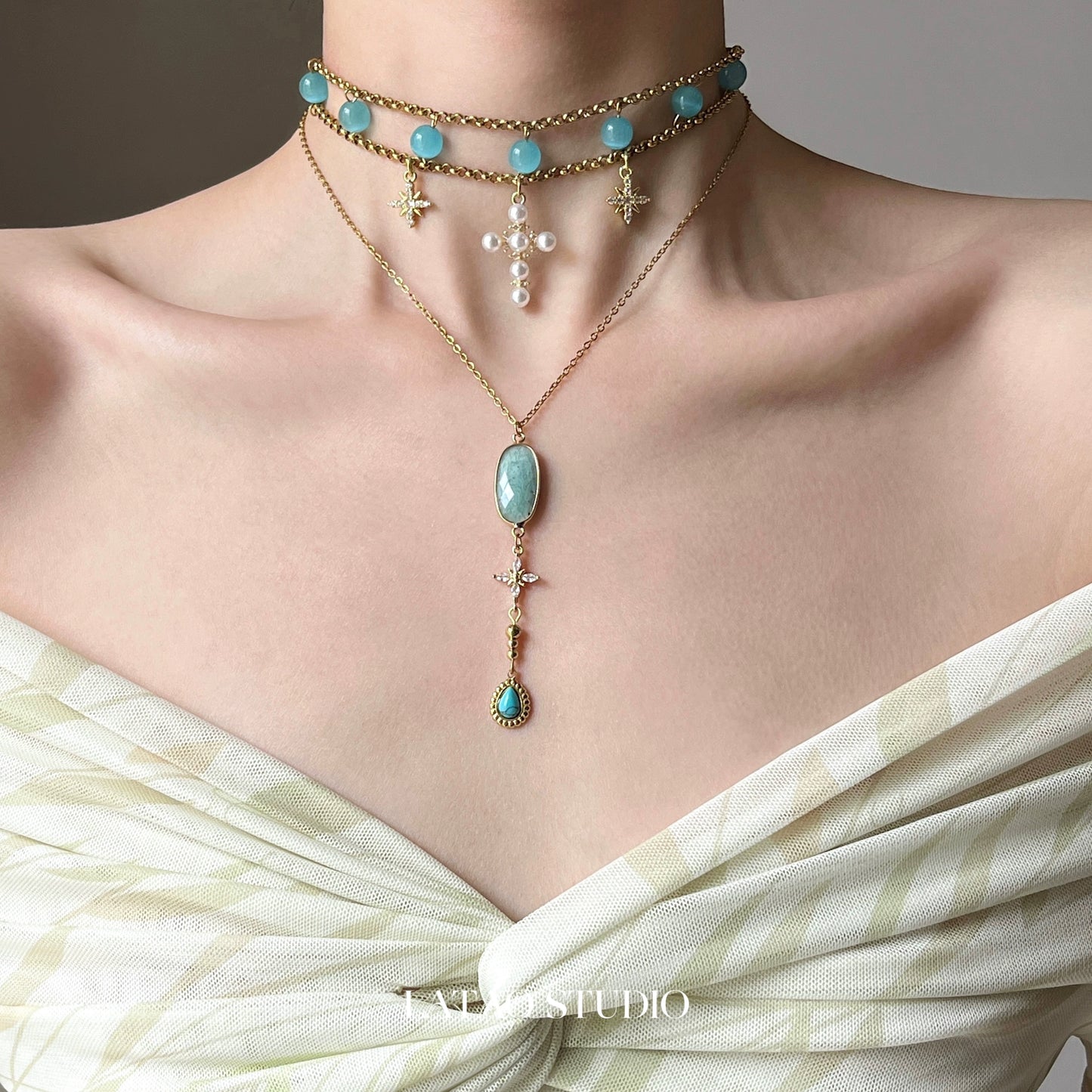 Blue Cat Eye Tianhe Stone Star Cross Titanium Steel Necklace Choker