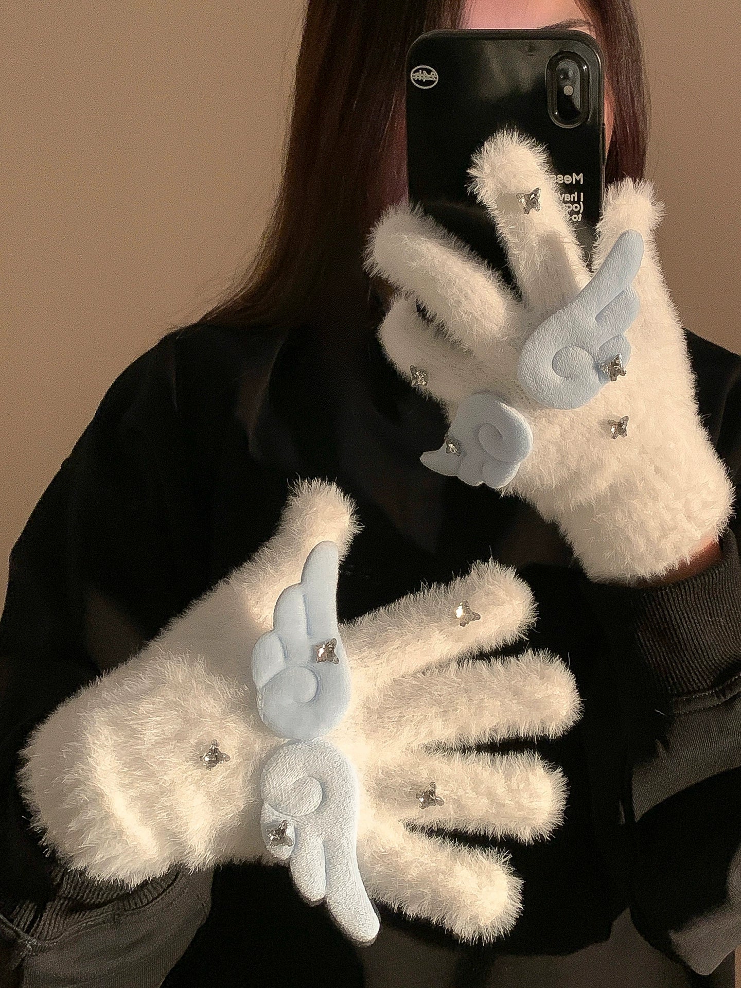 Cute sparkling diamond angel wings plush knitted gloves