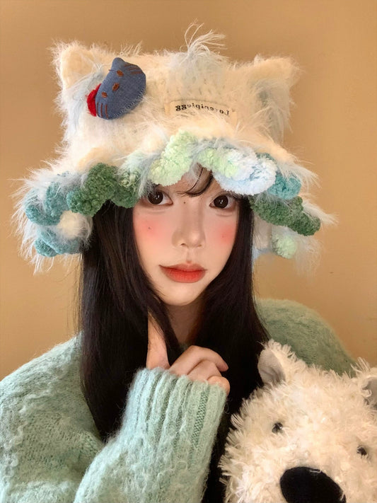 Cute Kitty Cat's ears (Steamed cat-ear shaped bread) Plush Knitted Hat