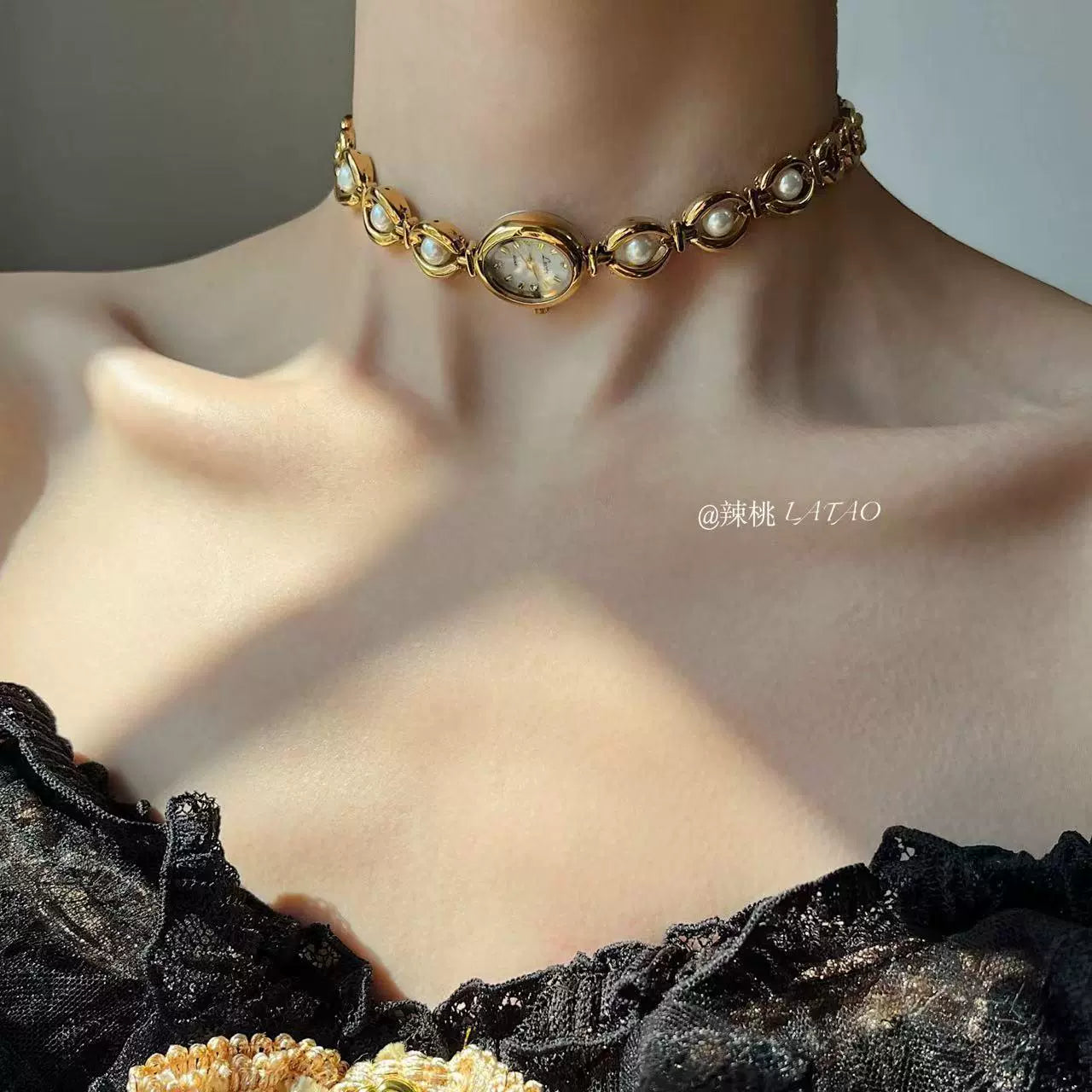 Diana Pearl Love Gold Clock Cross Necklace choker