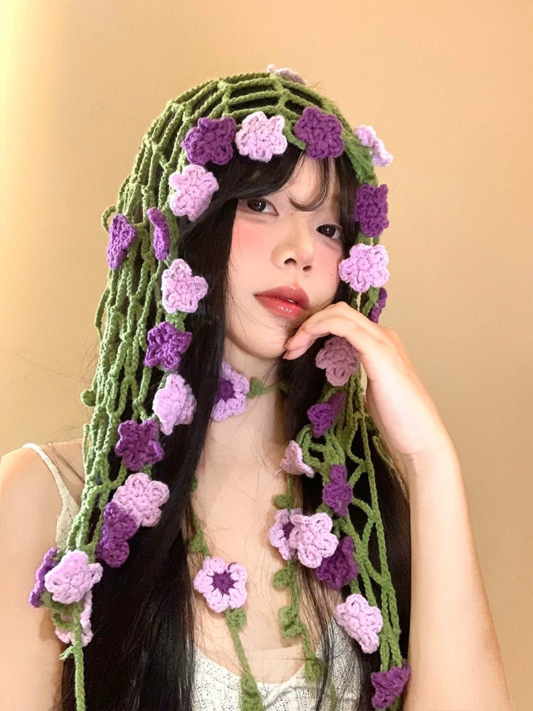 Hook woven flower triangular headscarf for women's rural vacation style