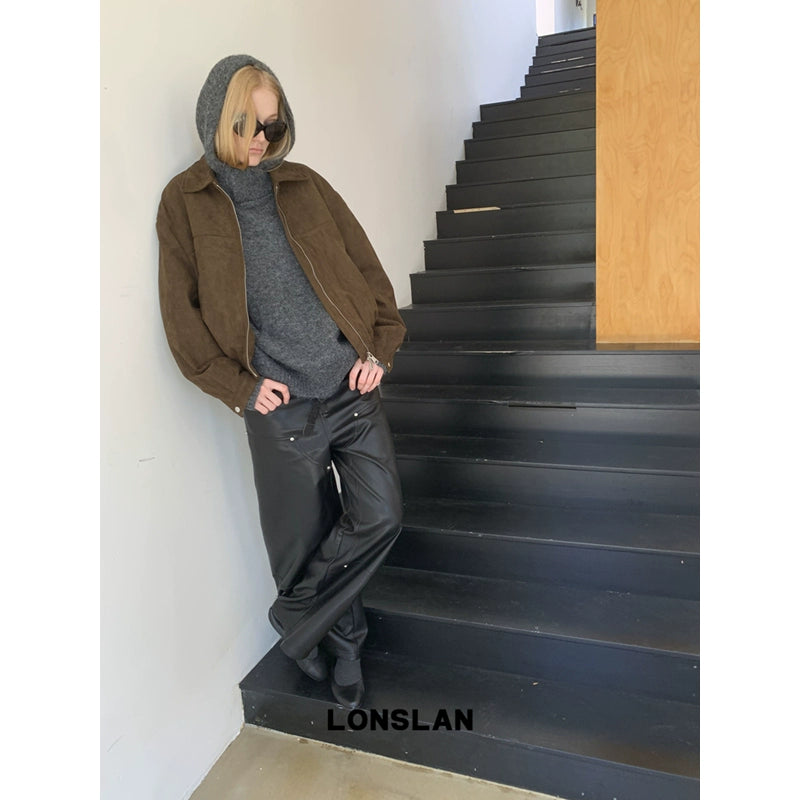 Flip collar zipper suede short jacket