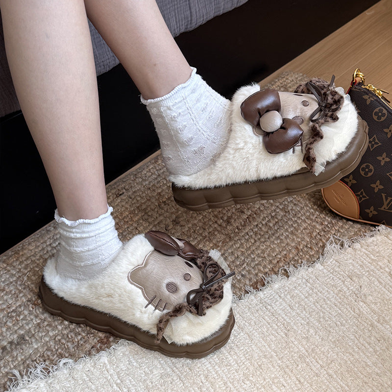 Dark leather plush Hello Kitty slippers