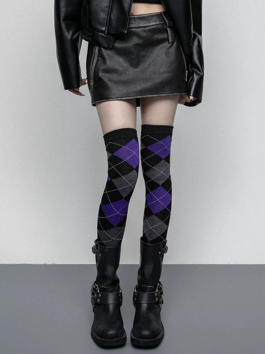 High bounce knee high diamond checkered punk thigh socks