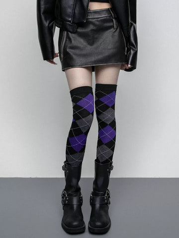 High bounce knee high diamond checkered punk thigh socks